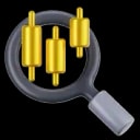 A magnifying glass focusing on three yellow candlestick chart symbols.