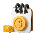 Illustration of a spiral-bound notepad with coin icons featuring a dollar sign on the cover.