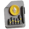 Golden Ethereum coin atop a gray folder with a pen and a financial chart showing upward trends.