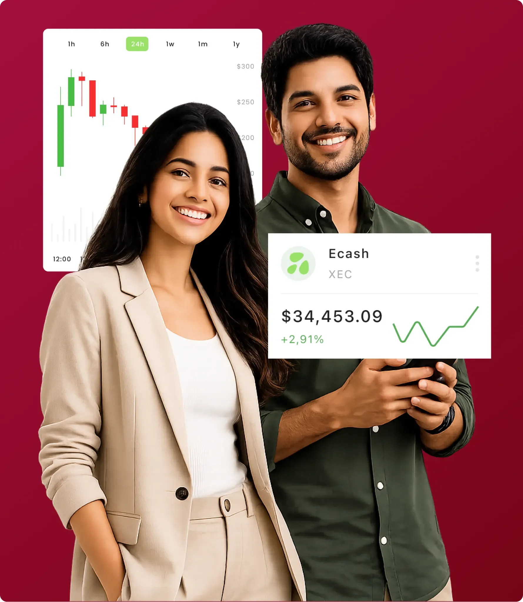 Two people standing with blurred faces in front of cryptocurrency charts displaying Ecash value and price increase.