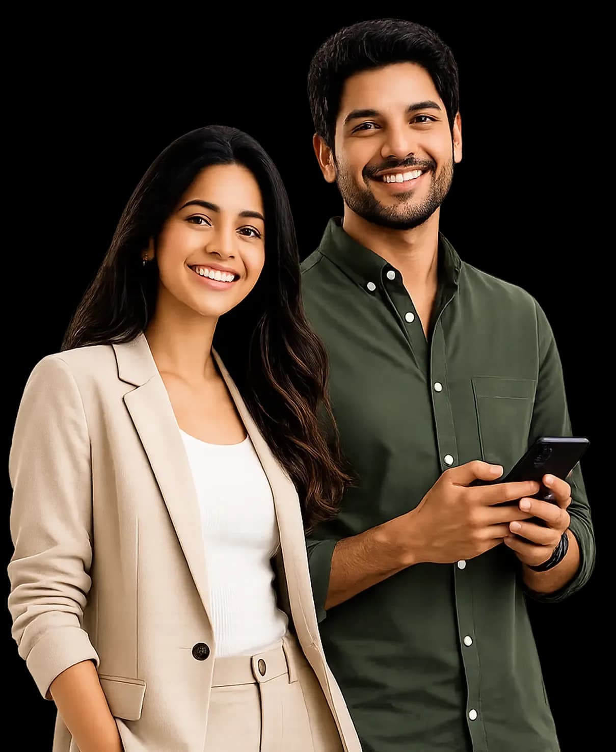 Two professionals standing side by side; the woman wears a beige suit and the man a green shirt holding a smartphone.
