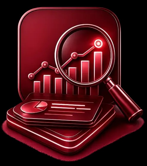 Red 3D icon of a magnifying glass over a rising bar and line graph with data cards featuring a pie chart and text.