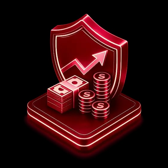 Red 3D illustration of financial security. Features a shield with an upward arrow, stacks of coins, and cash, symbolizing growth and protection.