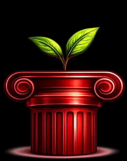 A vibrant green plant grows atop a glossy red column, symbolizing growth and strength in a blend of nature and architecture