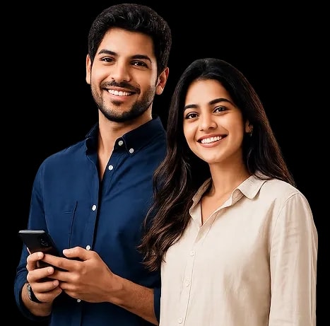 A man holding a smartphone and a woman standing beside him, both smiling and facing the camera against a plain background.